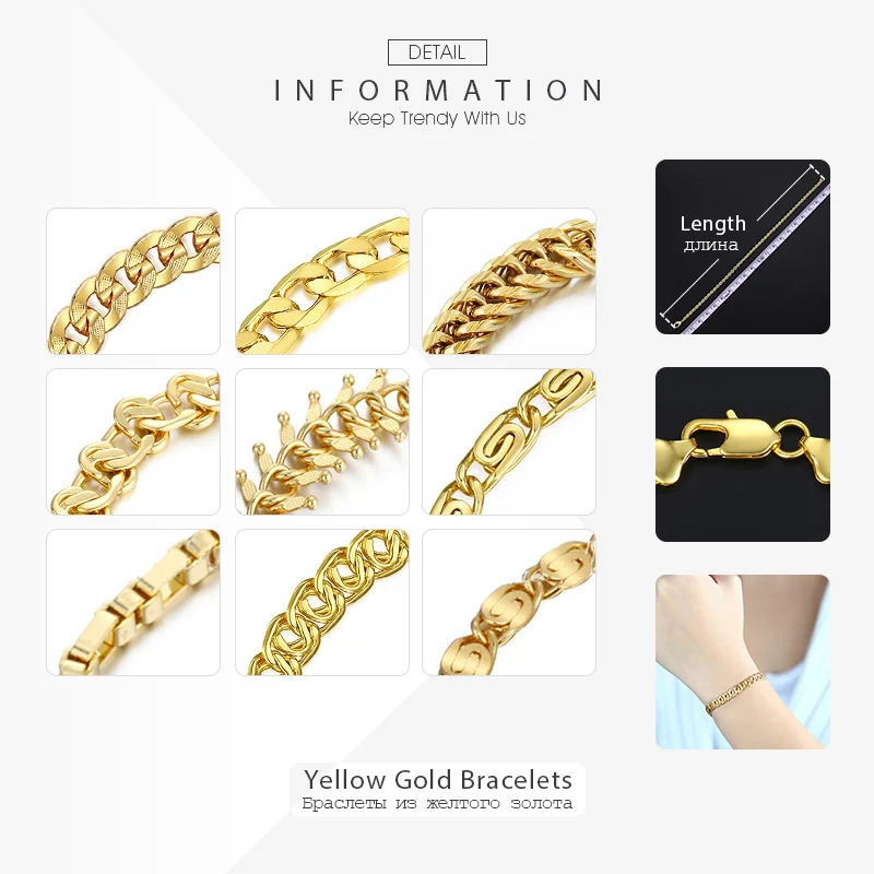 Bracelet for Men Curb Snial Chain Yellow Gold Color Chain Wholesale Gift Wholesale Fashion Bracelet Jewelry 3-11mm 7-9inch GBB2