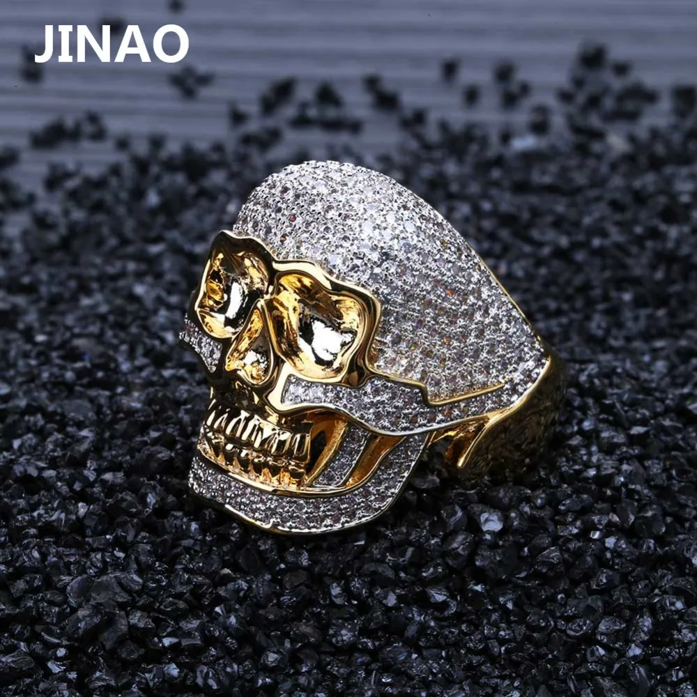 JINAO Hip Hop Copper Two Tone Skull Ring Iced Out Micro Paved Cubic Zircon Punk Fahion Ring for Men Women with 7,8,9,10,11 Size