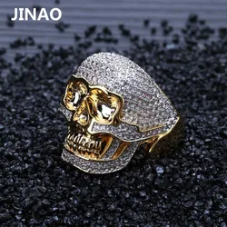 JINAO Hip Hop Copper Two Tone Skull Ring Iced Out Micro Paved Cubic Zircon Punk Fahion Ring for Men Women with 7,8,9,10,11 Size