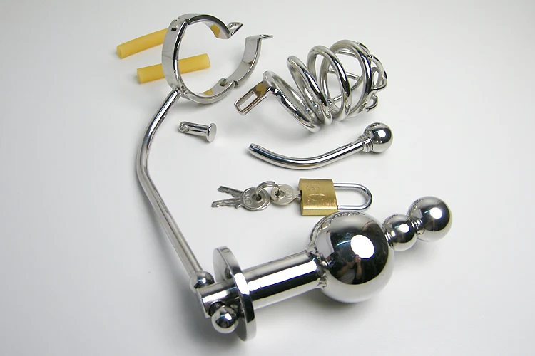 Latest Male Stainless Steel Adjustable Anal Plug Butt Beads Cock Cage Penis Ring With Catheter Chastity Devices Sex Toy A507