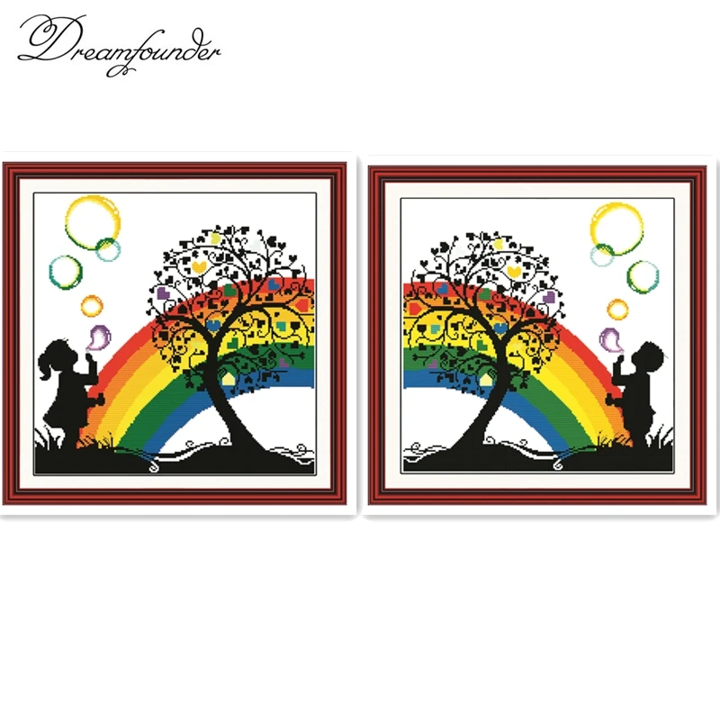 Rainbow bubble cross stitch kit boy girl people 18ct 14ct count fabric canvas stitches embroidery DIY handmade needlework plus