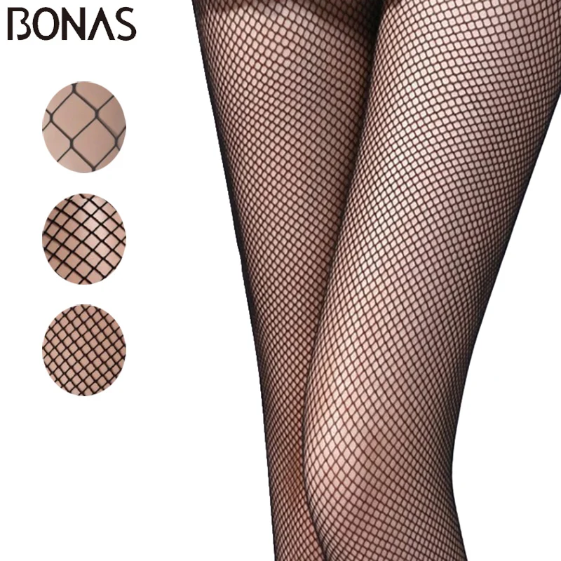 BONAS Black Nylon Fishnet Tights for Women, Small, Middle, Big Mesh, Sexy Pantyhose, Breathable Stockings, Hollow Female