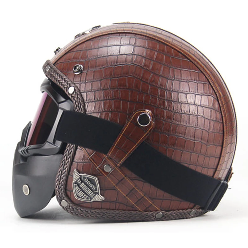 Free shipping PU Leather Helmets 3/4 Motorcycle Chopper Bike Helmet Open Face Vintage Motorcycle Helmet with Goggle Mask