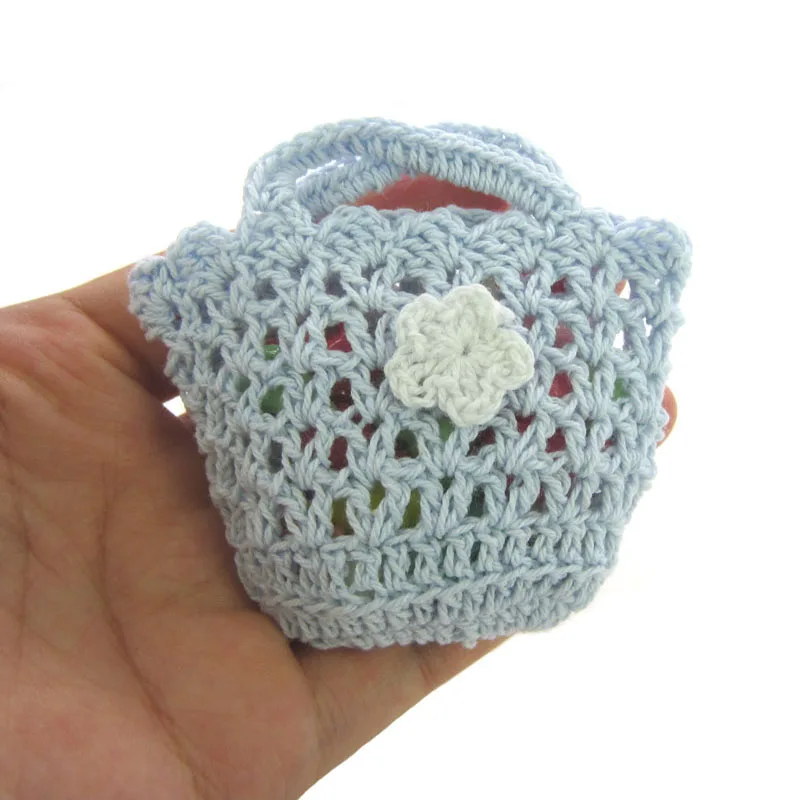 12Pcs Handmade Mini Crochet Basket With Flower For Baby Shower Baptism Fabric Craft Party Decorations 7.0cm