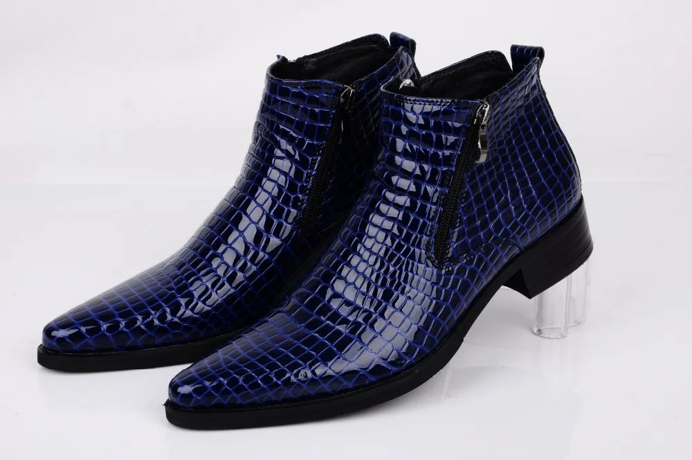 Large Size EUR46 Serpentine Blue / Black Pointed To Dress Shoes Mens Ankle Boots Genuine Leather Boots Male Wedding Shoes