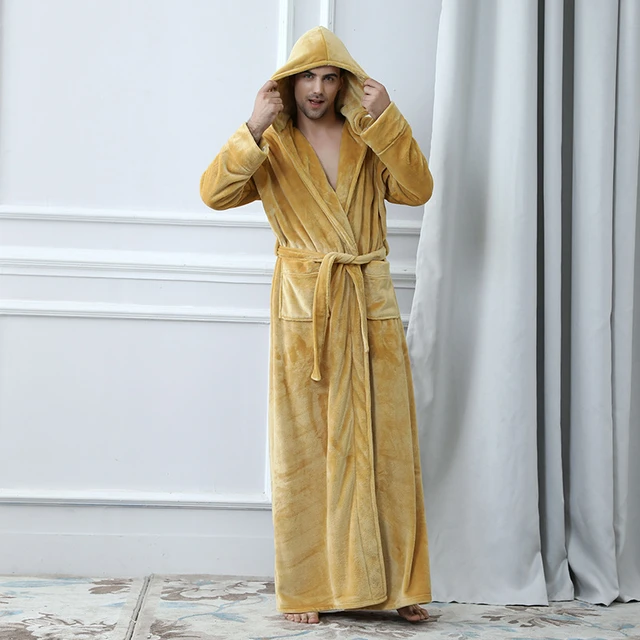 Flannel Robe Male With Hooded Thick Brand Designer Dressing Gown Coral Fleece Men s Bathrobe Winter Long Robe Mens Bath Robe Robes AliExpress