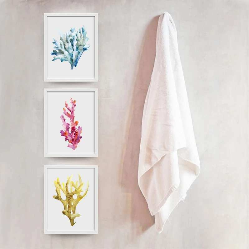 Corals Art Print Wall Pictures Home Decor  , Watercolor Cora Print Wall Art Hanging Bathroom Canvas Painting Nautical Decoration
