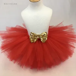 Girls Red Tutu Skirt Baby Fluffy Tulle Ballet Pettiskirts with Sequin Bow Kids Party Skirt Costume Children Dance Underskirts