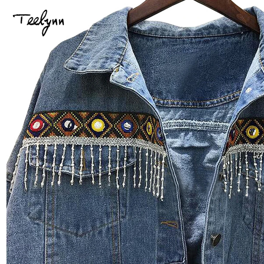 TEELYNN Denim kurtka damska jesień vintage etniczne aplikacje z haftem na luźno wiszących rękawach luźna kurtka z długim rękawem kurtka dla kobiet