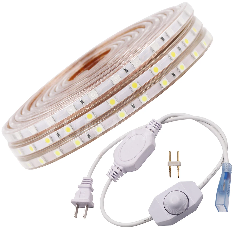 Dimmable LED Strip 110v 120V 5050 SMD Flexible LED Lights 60LEDs/M Waterproof IP67 LED Tape Rope Light Outdoor Lighting Lamp