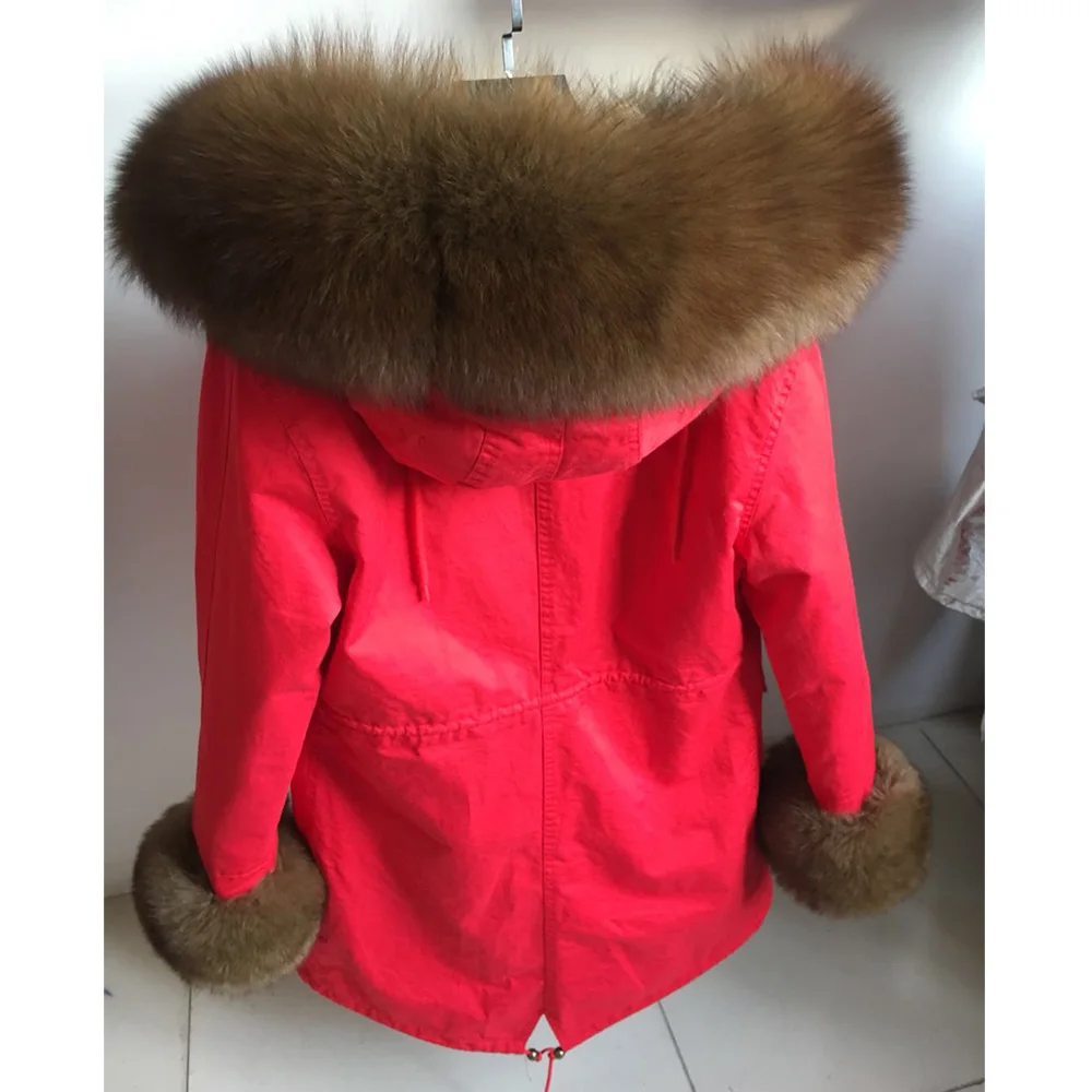 MaoMaoKong Cappotto invernale da donna in vera pelliccia Giacca con fodera in pelliccia di procione naturale Lunga con cappuccio Con grande collo in pelliccia Parka nero caldo spesso