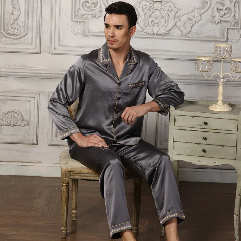 Sexy Genuine Silk Men\'s Pajamas 100% Silkworm Silk Sleepwear Male High Quality Long-Sleeve Pyjama Pants Two-Piece Sets 15076