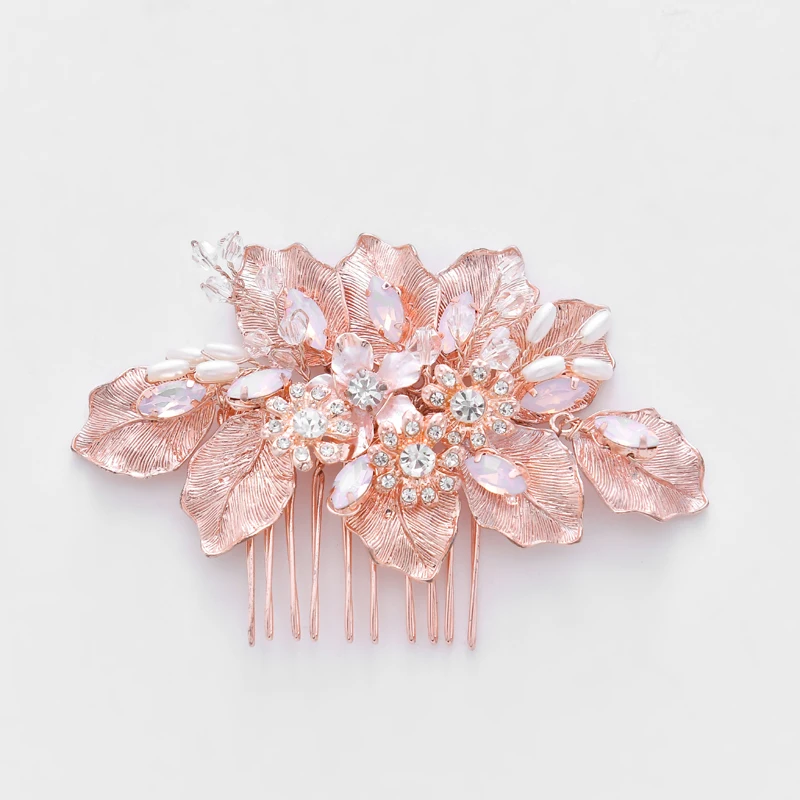 

SLBRIDAL Rose Gold Color Crystal Rhinestones Flower Wedding Jewelry Hair Comb Bridal Headpieces Hair Accessories Women