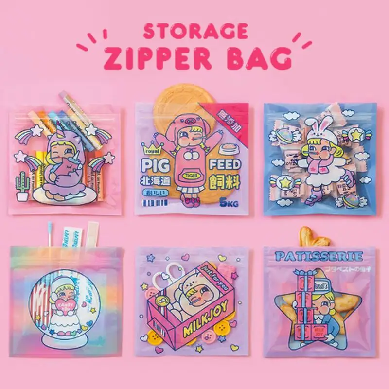 8pcs Cute Cartoon Korea Printed Coin Purse Unicorn Teddy Crystal Transparent Jelly Rabinbow Storage bag Food Sealed bags