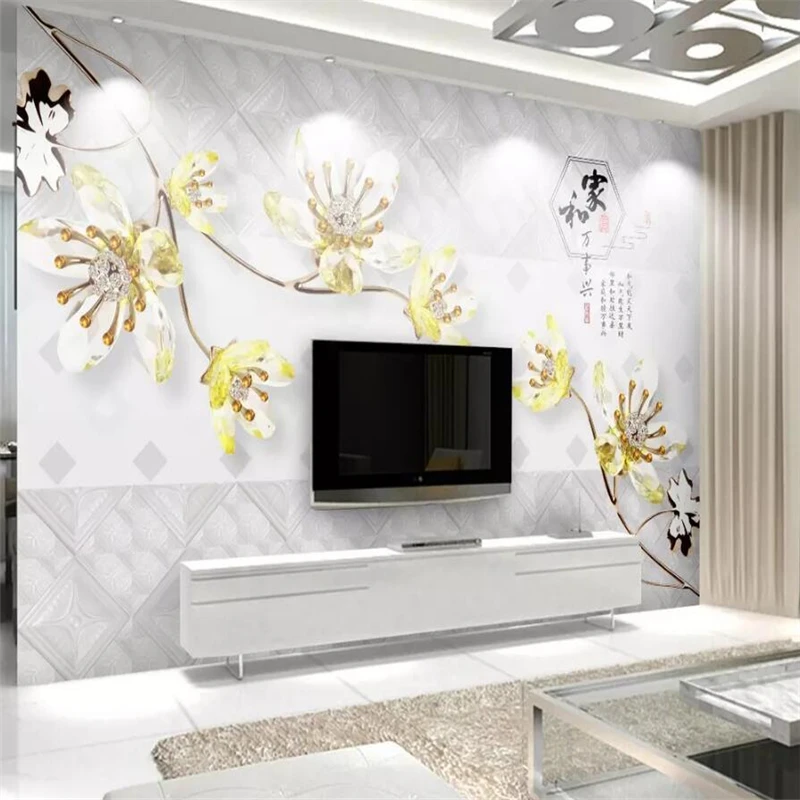 

Modern fashion 3d embossed flowers soft package TV background wall painting decorative painting