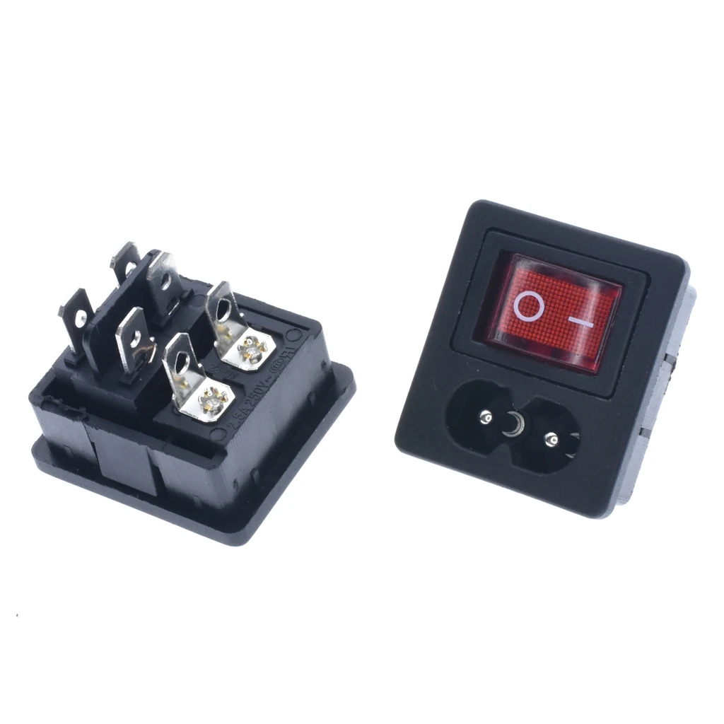 AC 2.5A 250V IEC 320 C8 Power Cord Inlet Socket receptacle With ON-OFF Red Light Rocker Switch for Computer Amplifier AC-5