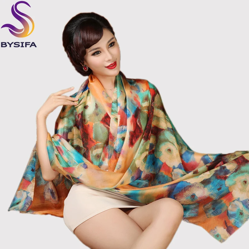 [BYSIFA] Silk Scarf Plus Size Broadened Silk Women\'s Silk Scarf Shawl Female Scarf New Winter Orange Coffee Women Long Scarves