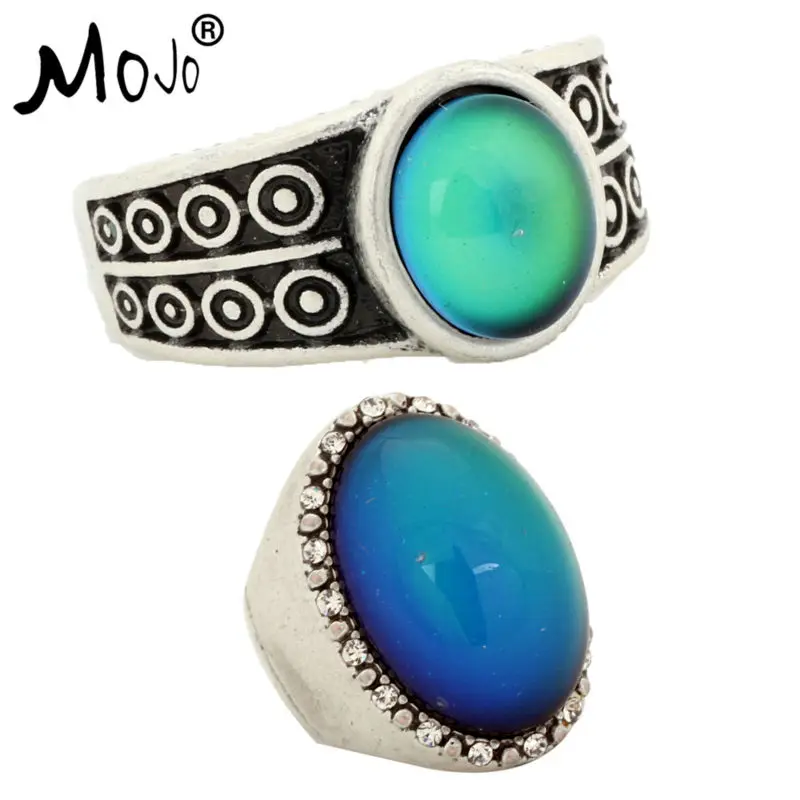 2PCS Antique Silver Plated Color Changing Mood Rings Changing Color Temperature Emotion Feeling Rings Set For Women/Men 007-027