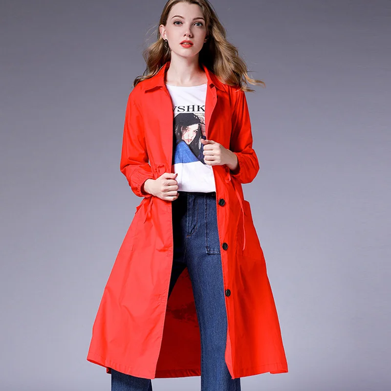 Women's Long Korean Trench Coat, Elegant Turn Down Collar, Cotton Long Coats, Large Size, Ladies Early Autumn, New, Plus Size