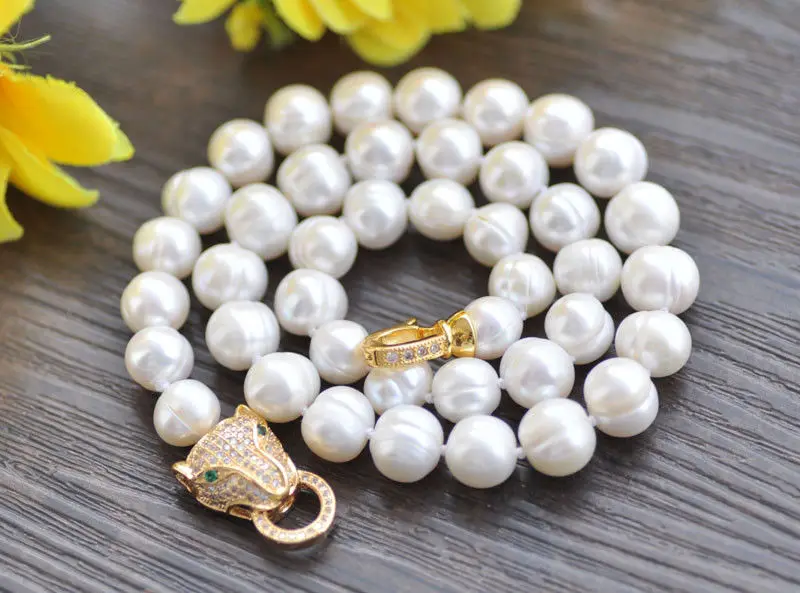 

NEW Natural breeding freshwater white pink pearl 9-10MM 18" leopard head clasp