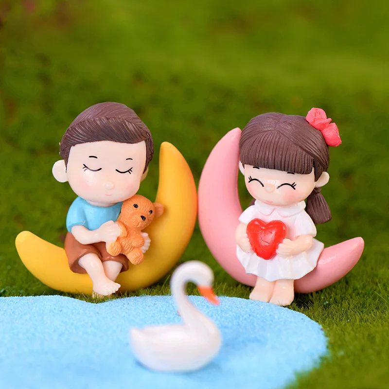 2pcs Moon Lover Figures Girl Boy Dating Miniature figurine wedding decoration doll fairy garden statue Home Gift Moss garden