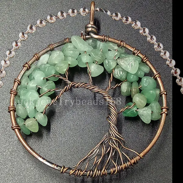 Beatiful Tree of life -Aventurine Wire Wrap Round Art Necklace With Chain 1pcs C4469n