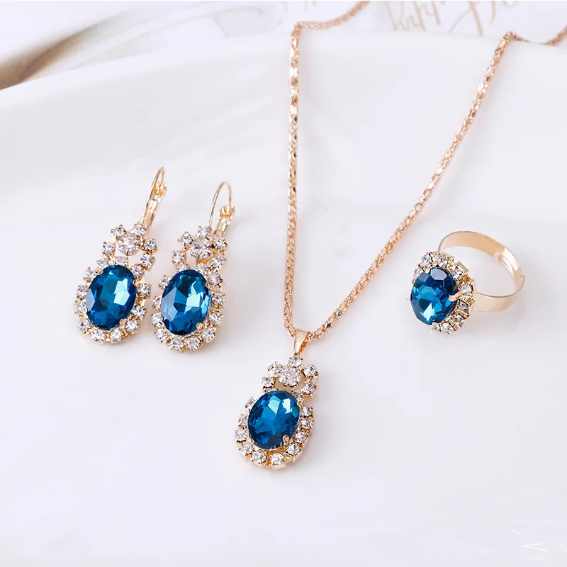 2019 Fashion Hot-selling Elliptic Gem Claw Chain Set Crystal Necklace Earring Ring Three-piece Set