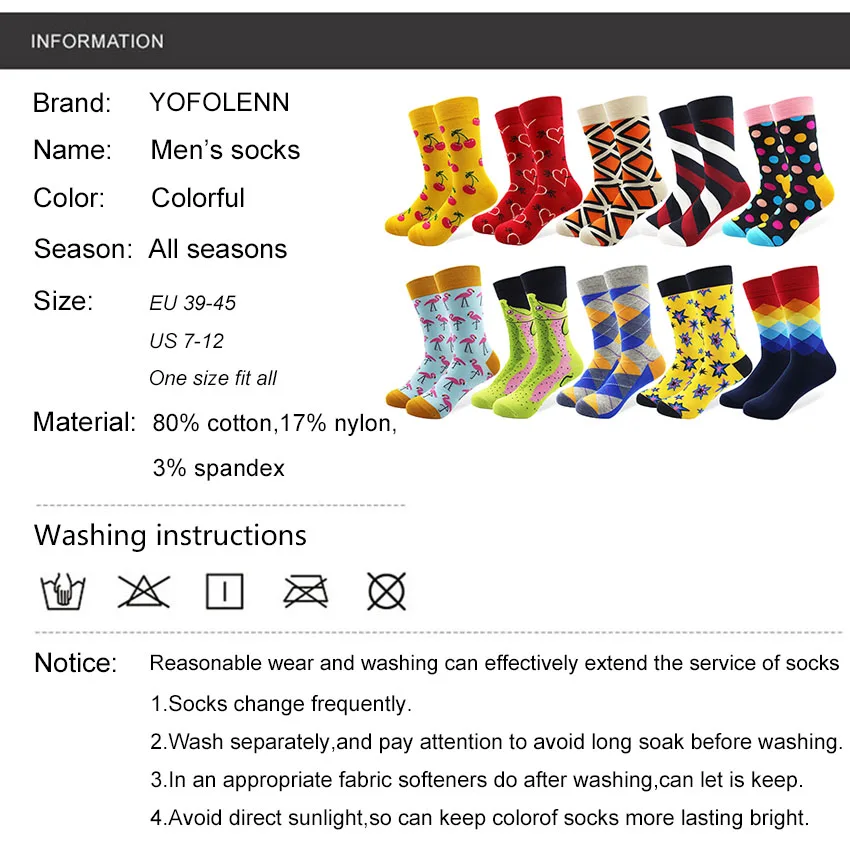 10 Pairs/Lot Men\'s Funny Colorful Combed Cotton Happy Socks Multi Pattern Animal Stripe Cartoon Dot Novelty Skateboard Art Socks