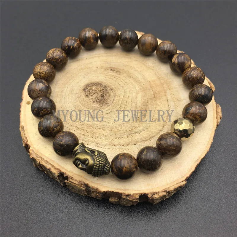 MY0814 Round Brown Bronzite Beads Pyrite Bracelet With Buddha Head