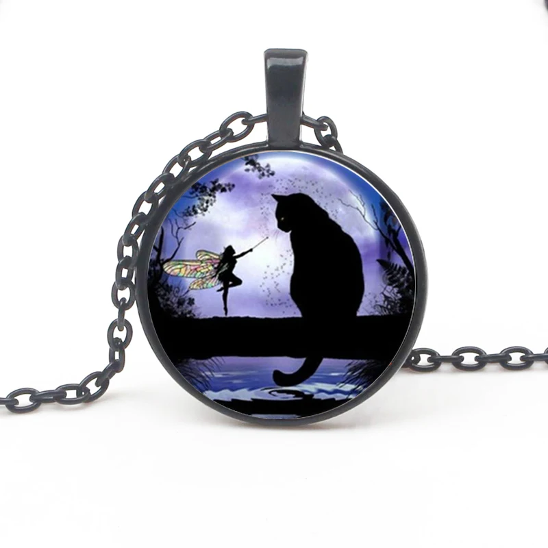 Vintage Glamour Necklace Fairy Black Cat Photo Tibet Convex Round Glass Pendant Chain Necklace Woman Man Gift Souvenir