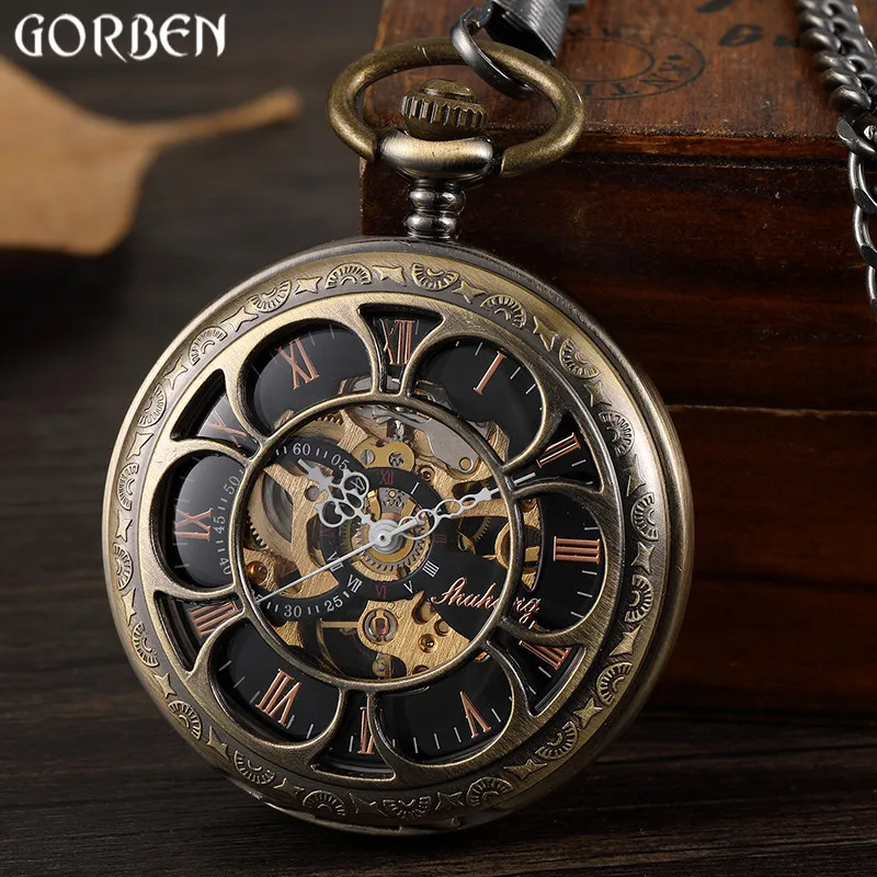 

Retro Bronze Hollow Setampunk Mechanical Pocket Watches Vintage Double-sided Skeleton Roman Dial Mens Pocket Watch FOB Chain New