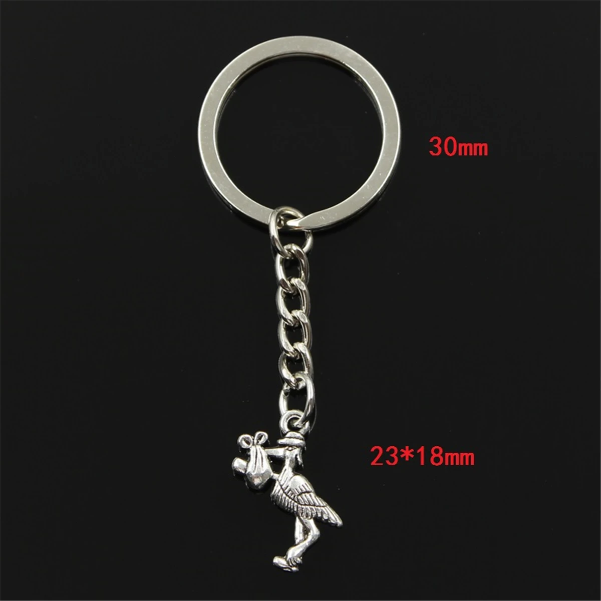 New Fashion Men 30mm Keychain DIY Metal Holder Chain Vintage Stork Baby Bird 23x18mm Silver Color Pendant Gift