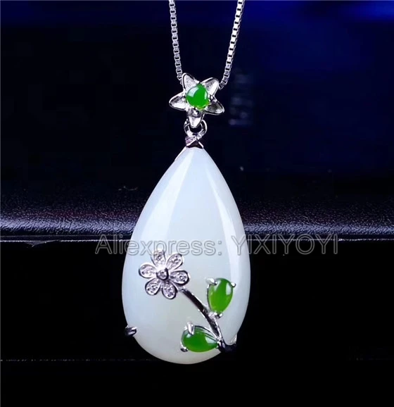 925 Sterling Silver White Green HeTian Jade Inlay Water Dropping Dangle Lucky Pendant + Chain Necklace Charm Fine Jewelry Gift