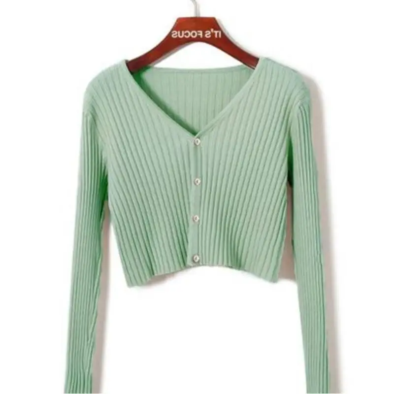 Knitted Crop Tops Women  Fashion V Neck Long Sleeve Solid Color Sweater Female Vertical Knit Single Breasted Short Cardigans