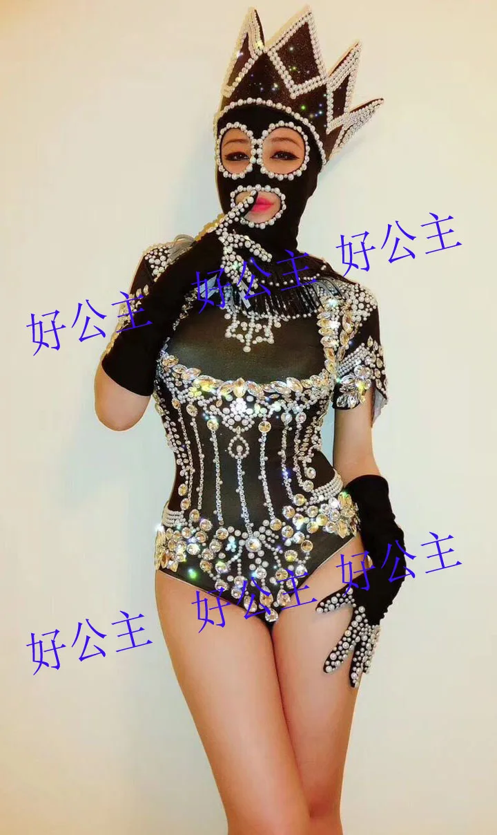 Body Sexy en strass noir pour femme, tenue de scène, costume de chanteur