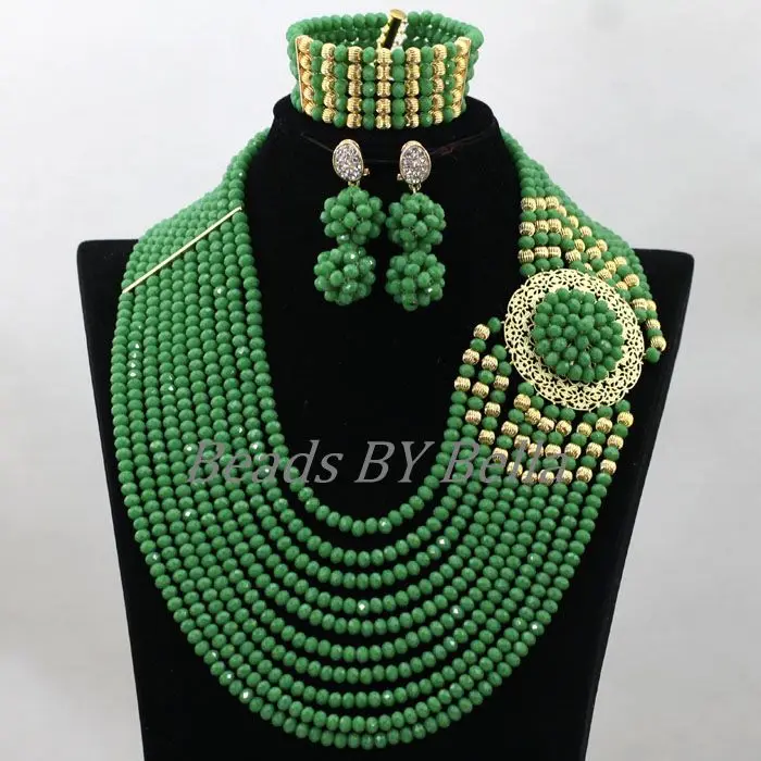 

New Opaque Green Crystal Beads 10 Rows Fashion Jewelry Set New Nigerian Wedding African Beads Jewelry Set Free Shipping ABK773