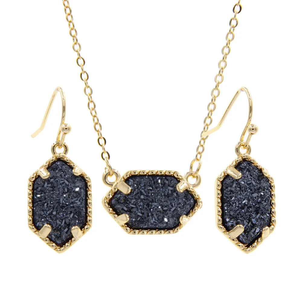 Gold Color Mini Iridescent Drusy Pendant Necklace With Drop Earrings Fashion Jewelry Sets