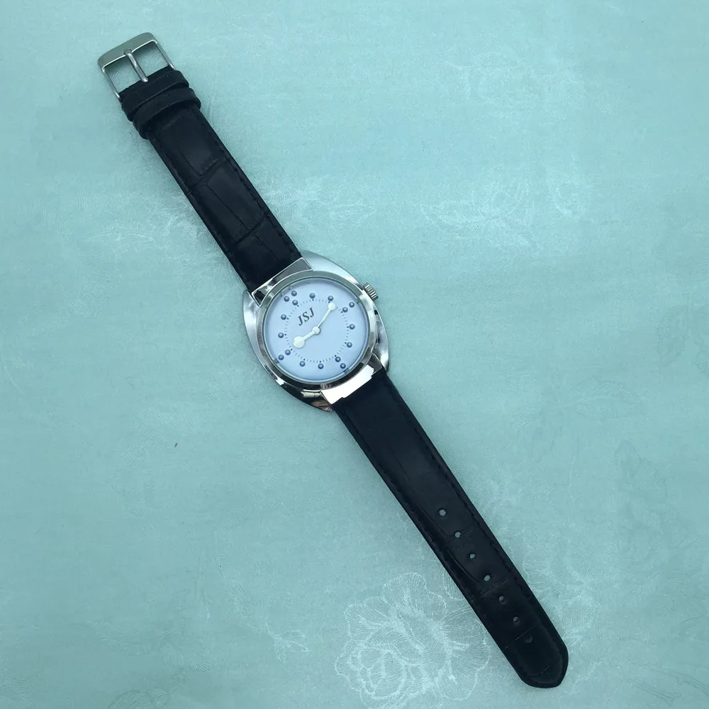 Braille Tactile Wrist Watch with Blue Face,Leather Strap