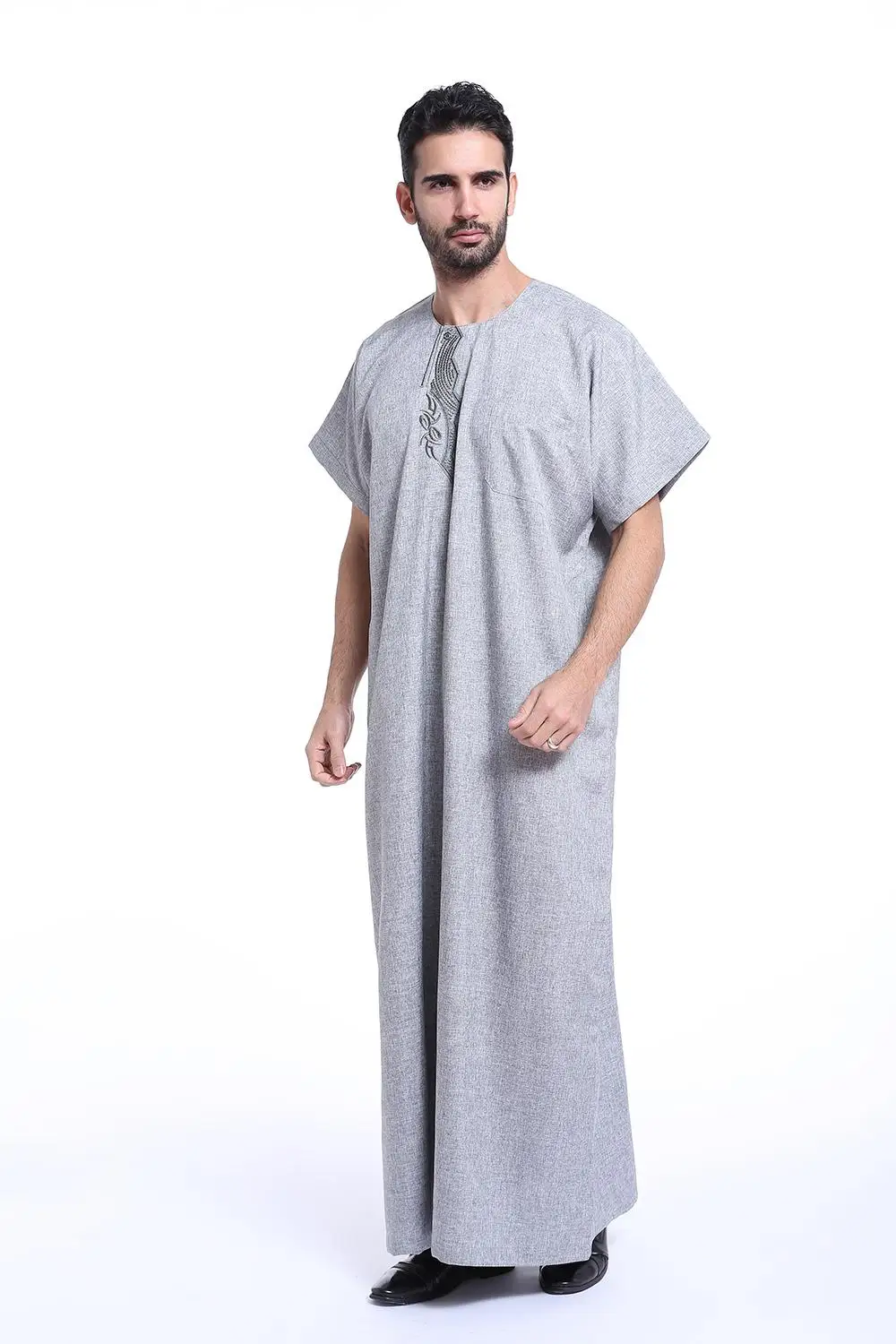 Islam Men Short Sleeve Clothes Dress Robe Muslim Turkey Jubbe Thobe Thoub Saudi Arab Traditional Kaftan Abaya Dubai Eid Ramadan