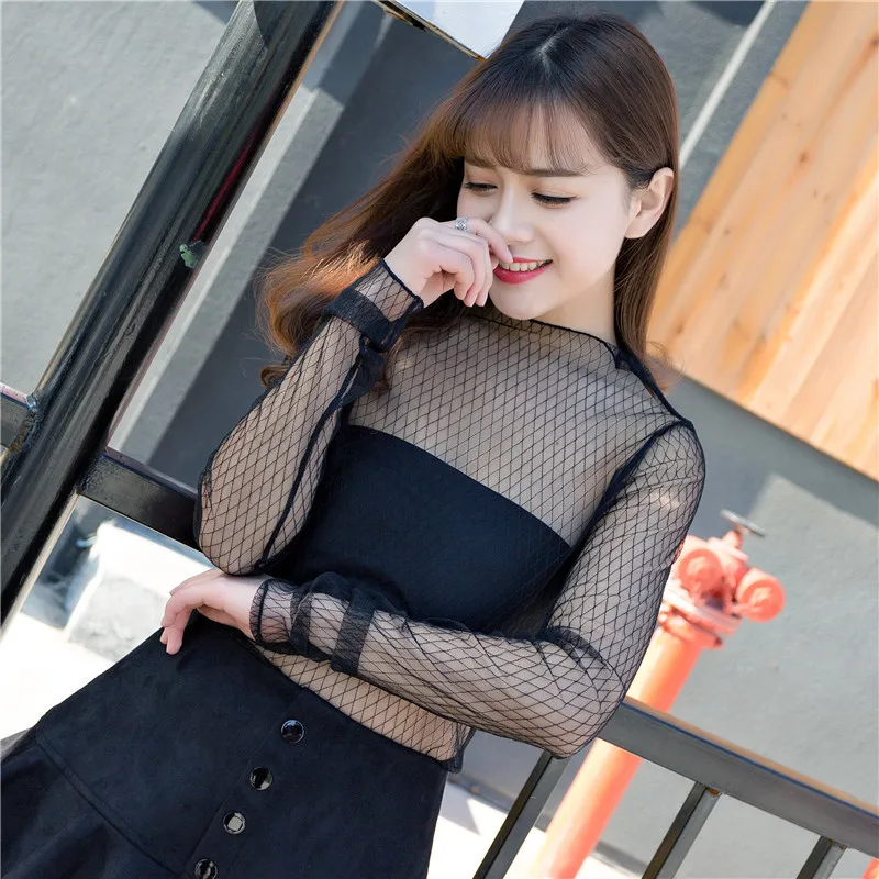 Women Sexy Mesh Blouse Black Tops Summer Long Sleeve Stand Collar Female Casual Elegant Hollow Out Ladies Dot Star Striped Shirt