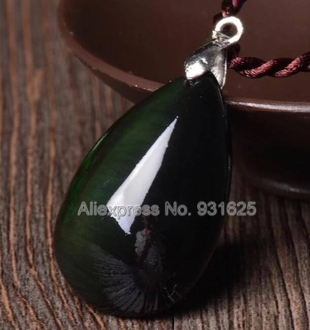 Beautiful Natural Rainbow Eye Obsidian Carved Water Dropping Design Lucky Amulet Pendant + Rope Necklace fashion Jewelry