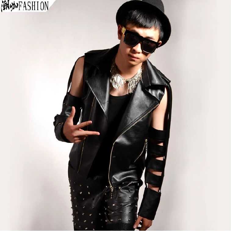 Fashion Cutout Sleeve Punk Motorcycle Leather Clothing Male Men's Stage Singer Dance Clothing Costume Leather Jacket Coat / M-xl