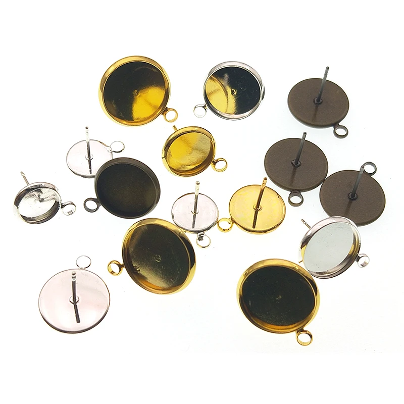 

20pc Gold Silver Round Stud Earring Bezel Post Earrings with Loop Hang Earring Blank Cameo Base Glass Cabochons Settings