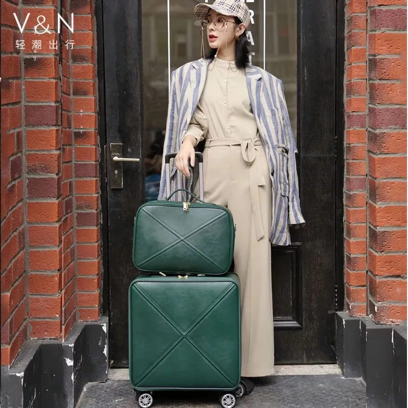 GraspDream 16"18 inch women spinner leather retro trolley bag 20 24 travel suitcase with handbag girl spinner brand luggage set