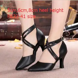 Damskie czarne skórzane buty do tańca towarzyskiego Latin Tango Buty do salsy z zamkniętymi palcami dla kobiet Plus Size Wysoki obcas