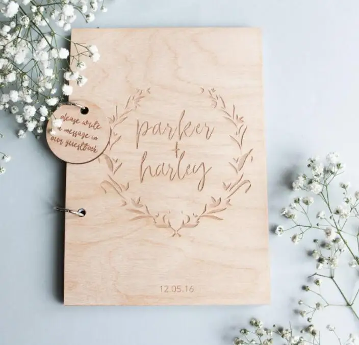 personalized Rustic wedding engraved floral wreath Wooden memory guestbooks Wooden photo Albums signature Wood Guest Books