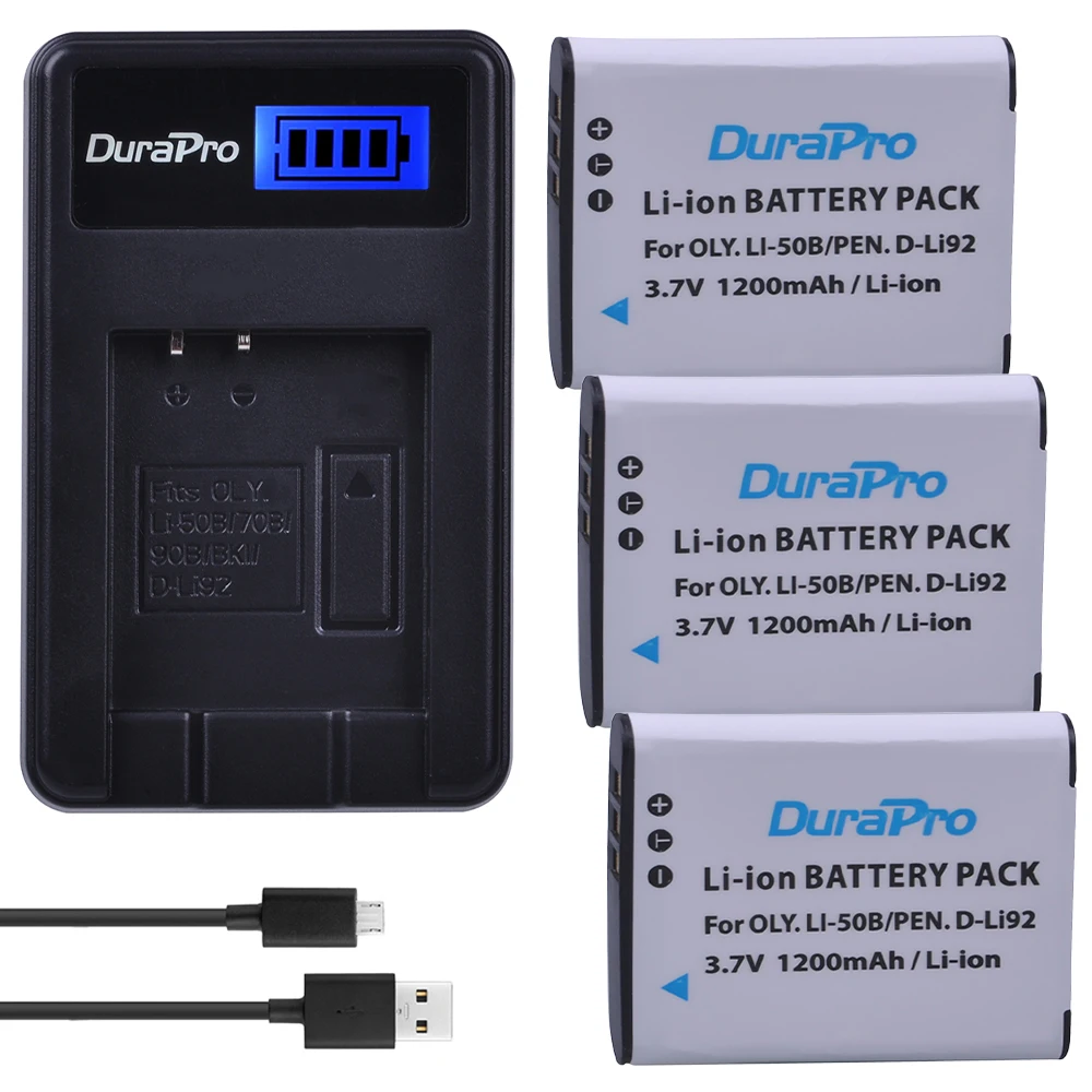 DuraPro 3pcs 1200mAh Li-50B D-LI92 Li 50B D LI92  Battery + LCD USB Charger for Olympus SP 810 800UZ u6010 u6020 u9010 SZ14