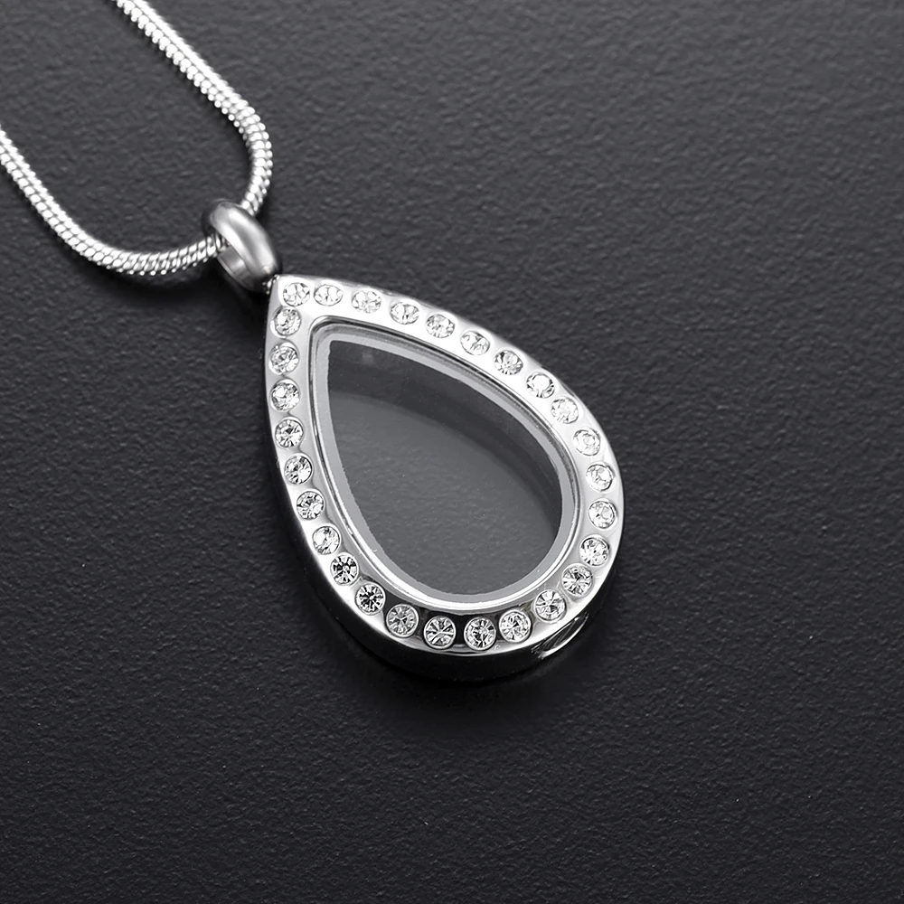 IJD9822 Stainless Steel Teardrop Glass Memorial Locket Necklace for Ashes Holder Cremation Urn Pendant Keepsake Funeral Jewelry