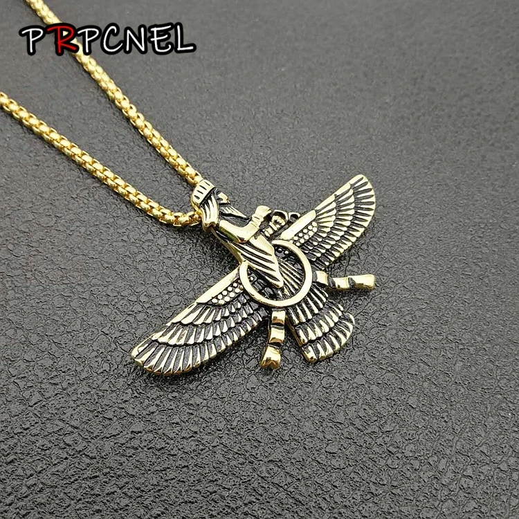 Hip Hop Paved Faravahar Ahura Mazda Zoroastrian Pendant Necklace Gold color 316L Stainless Steel Men Jewelry