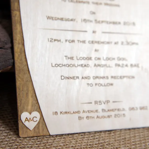 Wooden Engraved Wedding Invitation - Initial Tree